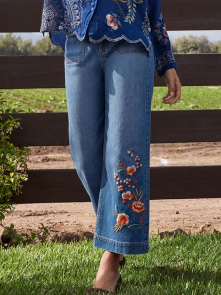Floral Denim Loose Embroidery Jeans
