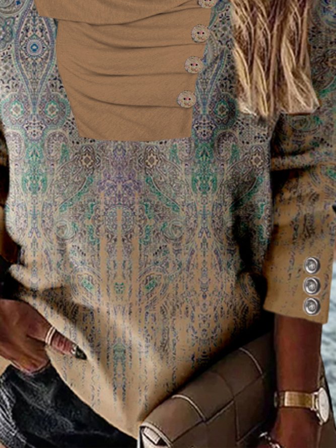 Paisley Long Sleeve Buttoned Casual Sweatshirt