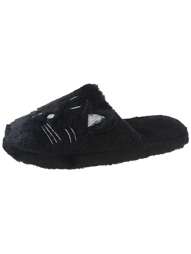 Cartoon Cat Embroidery Furry Slippers