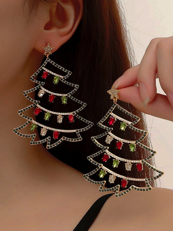 Christmas Colorful Diamond Tree Pattern Three-dimensional Earrings Sweater Dress Jewelry Holiday Party Decorations