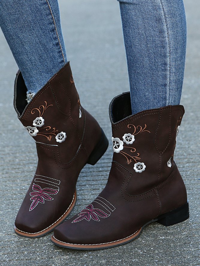 Plus Size Color Block Embroidery Western Boots