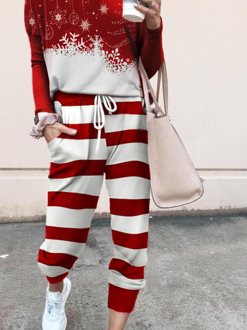 Christmas Stripe Crew Neck Casual Loose Two-Piece Set