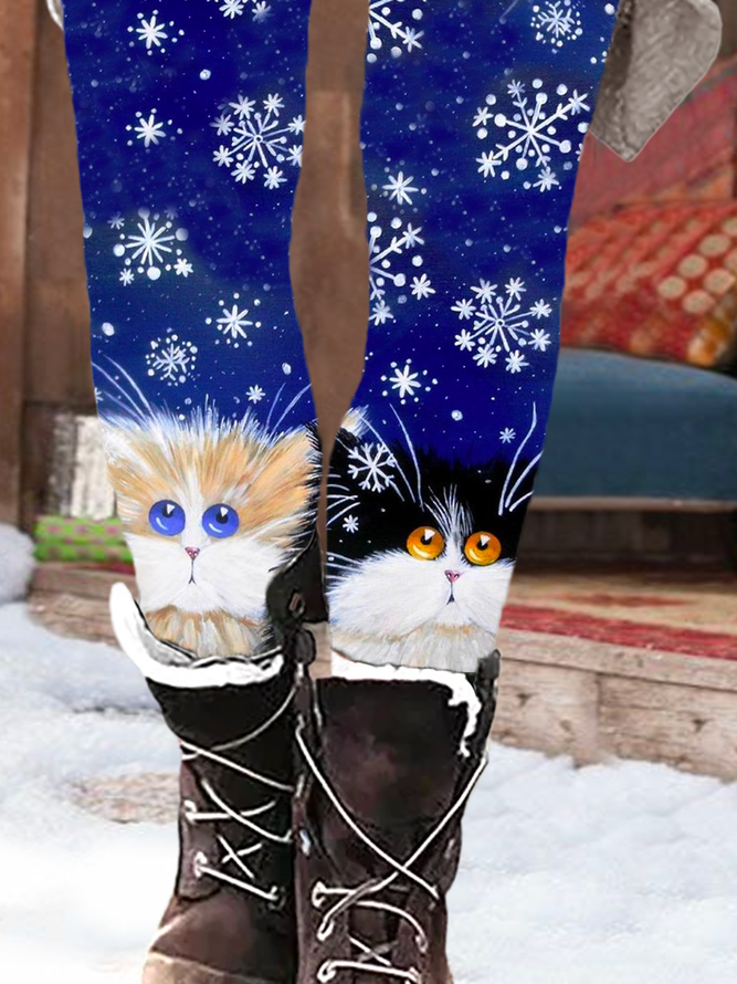 Christmas Snowflake Cat Printed Casual Leggings Xmas Leggings
