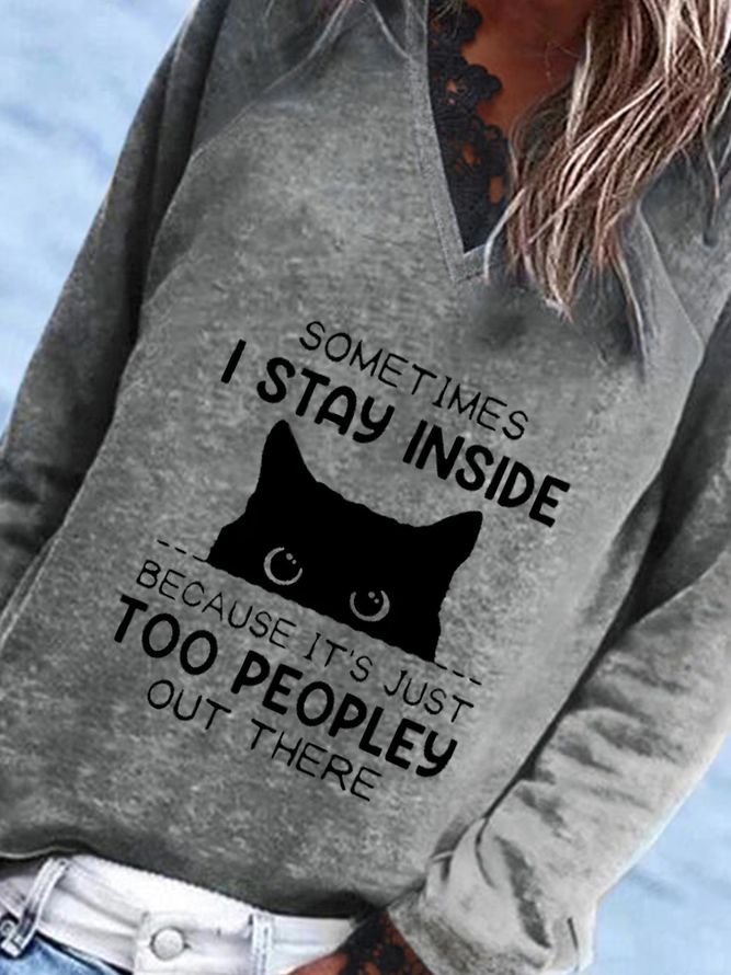 Casual Cat Lace Long Sleeve V Neck Printed Top Sweatshirt