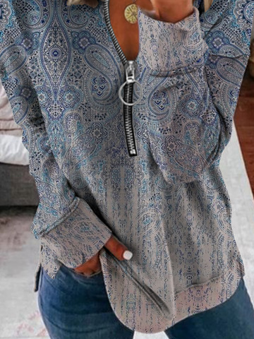 Casual Abstract Long Sleeve V Neck Printed Top Sweatshirt