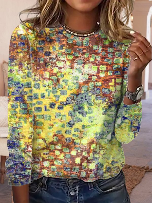 Casual Loose Abstract Mosaic Pattern Crew Neck Long Sleeve T-Shirt
