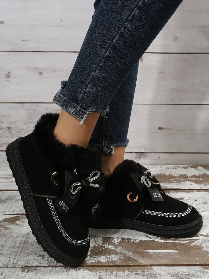 Winter Casual Rhinestone Bow Furry Lined Snow Booties