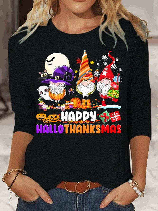 Womens Funny Hallothanksmas Gnome Holiday Top Halloween Christmas Thanksgiving Day