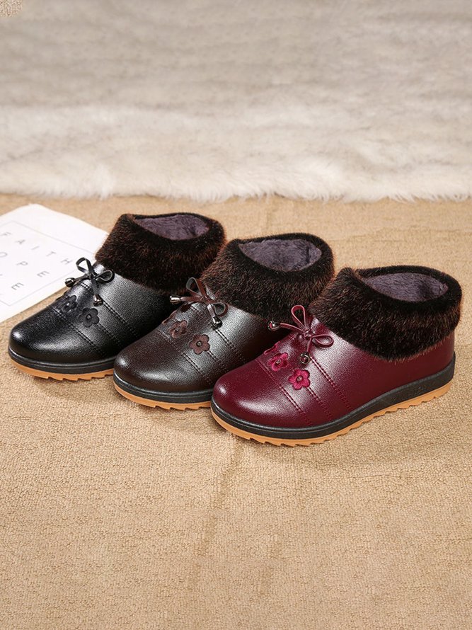 Embroidered Floral Bow Fur Warm Fleece Booties