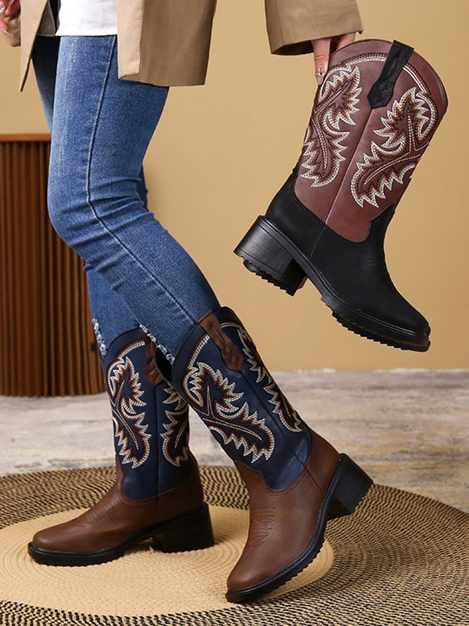 Western Style Vintage Cowboy Boots with Embroidered Pattern