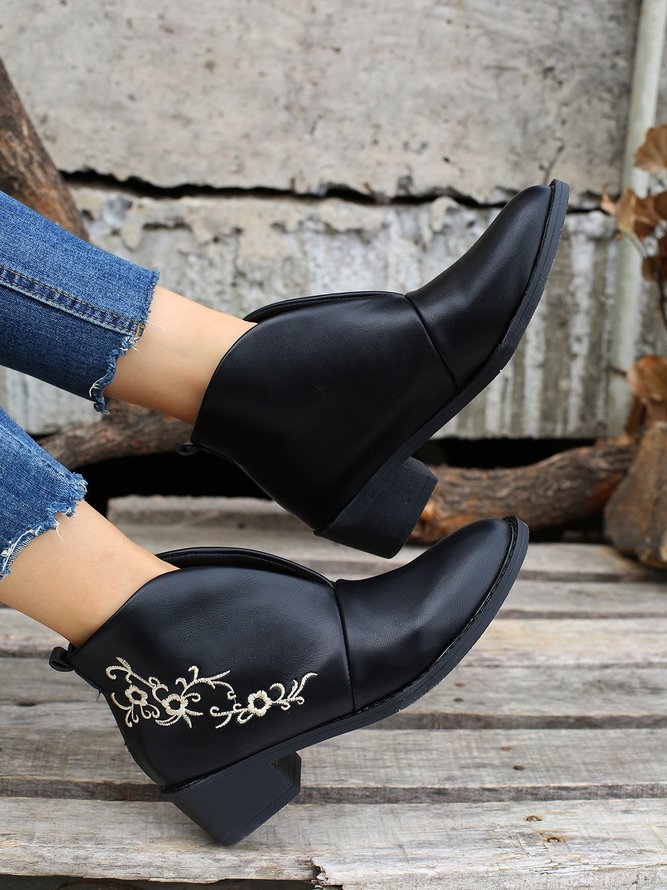 Plus Size Floral Embroidery Low Heel Slip On Boots