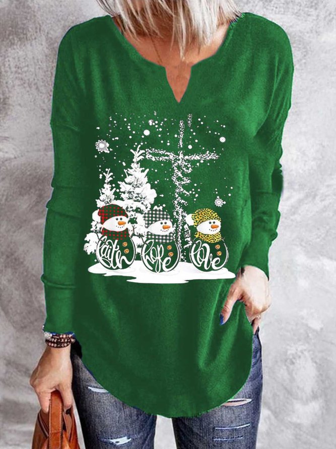 Casual Jersey Christmas Snowman T-Shirt