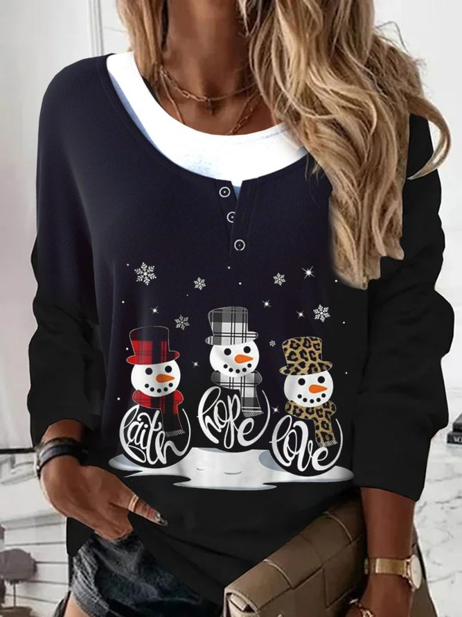 Christmas Snowman Color Block Patchwork Black Casual Sweatshirt Xmas Hoodies