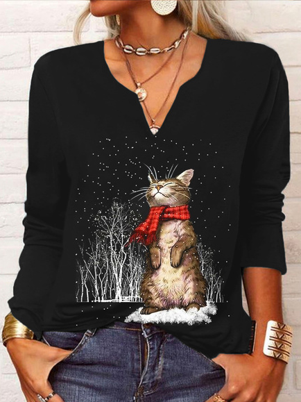 Christmas Cat Long Sleeve V Neck Printed T-shirt Xmas T-shirt