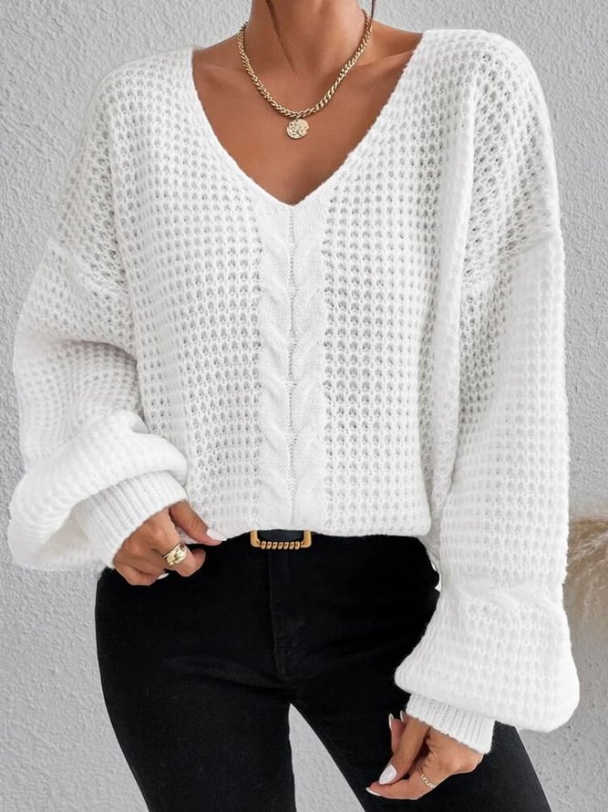 Casual Plain Texture Yarn/Wool Yarn V Neck Sweater