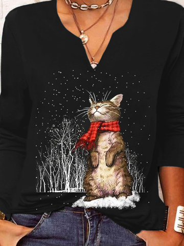 Christmas Cat Long Sleeve V Neck Printed T-shirt Xmas T-shirt