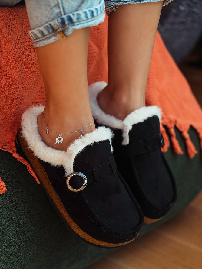 Plus Size Plain Buckle Furry Lined Flat Slippers