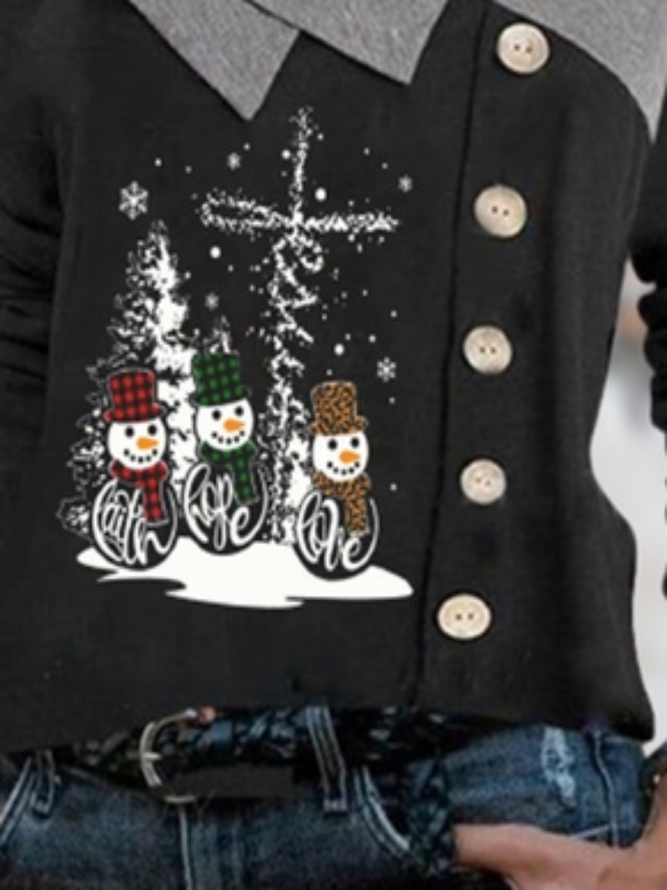 Christmas Snowman Long Sleeve Buttoned Asymmetrical Neck Casual Top