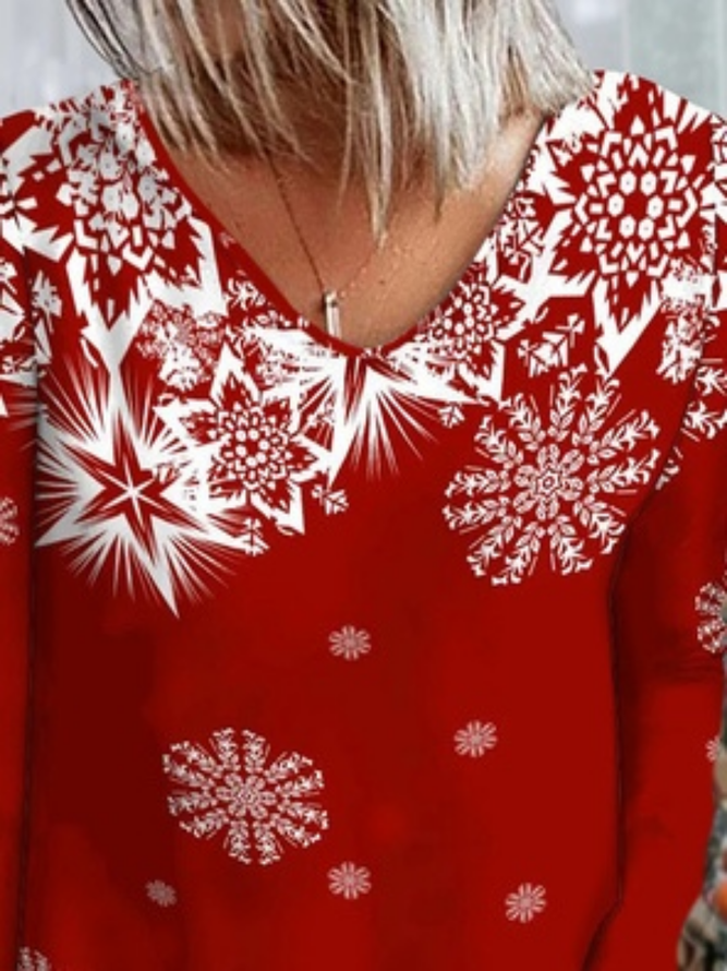 Christmas Snowflake Long Sleeve V Neck Casual T-Shirt