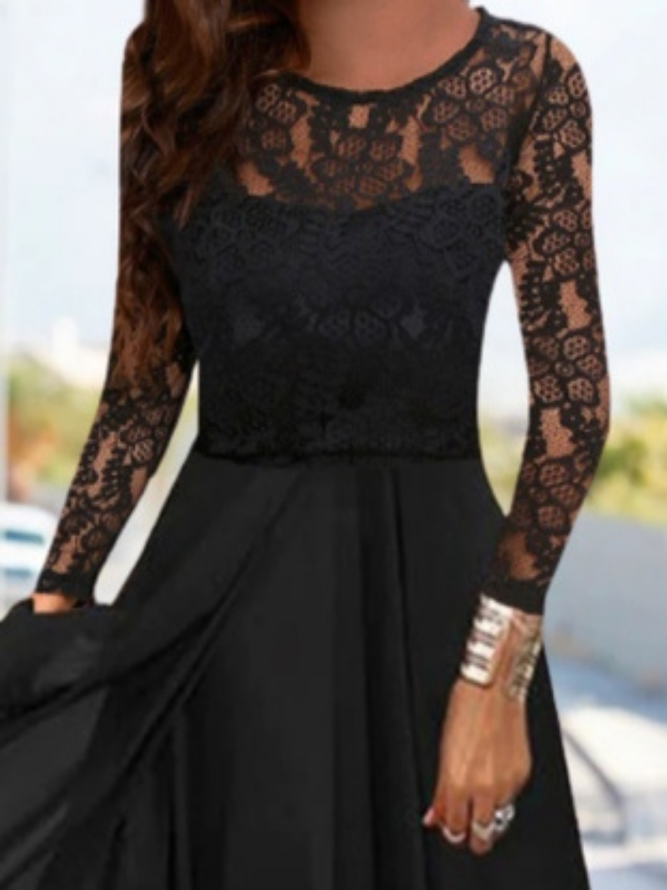 Plain Lace Long Sleeve Crew Neck Party Dress