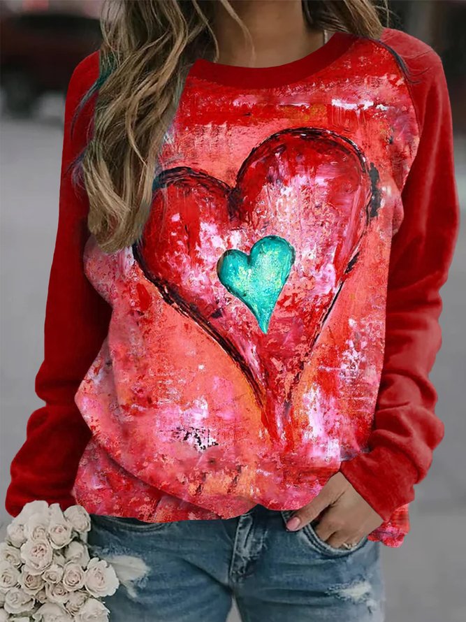 Casual Long Sleeve Round Neck Heart Printed Top Sweatshirt