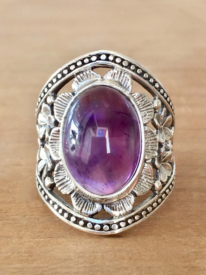Ethnic Vintage Natural Purple Crystal Flower Pattern Silver Ring Boho Jewelry