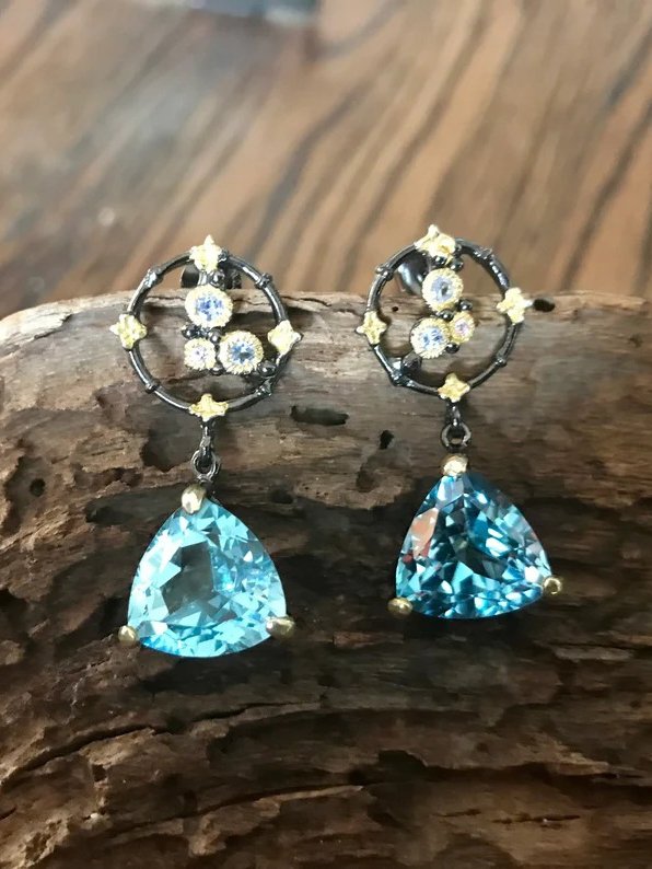 Vintage Blue Gemstone Distressed Floral Earrings Ethnic Jewelry