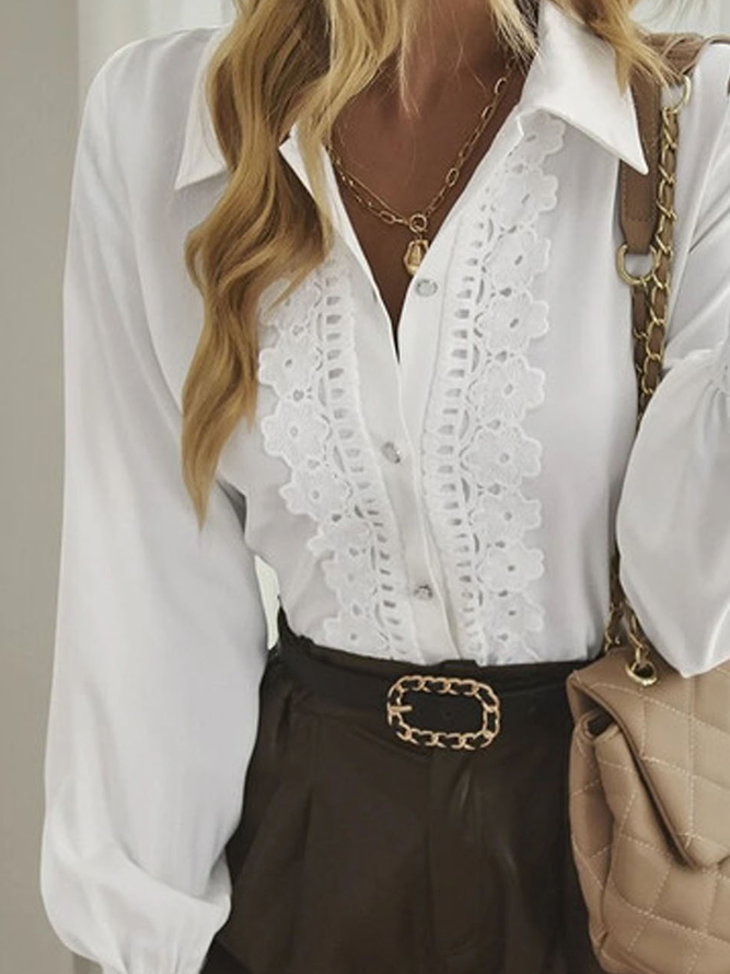 Plain Shawl Collar Patchwork Lace Casual Blouse