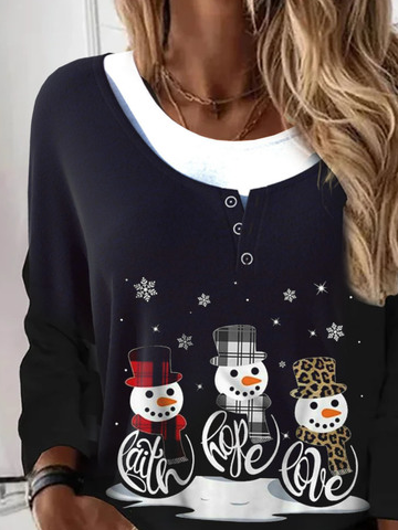 Christmas Snowman Color Block Patchwork Black Casual Sweatshirt Xmas Hoodies