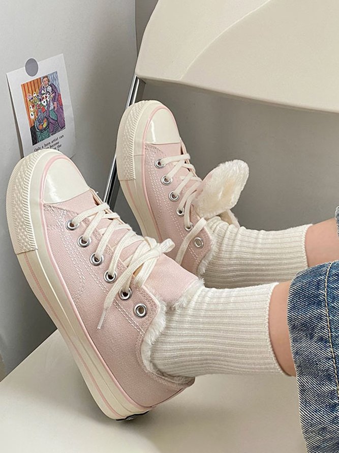 Plus Size Furry Lined Lace-Up Canvas Sneakers