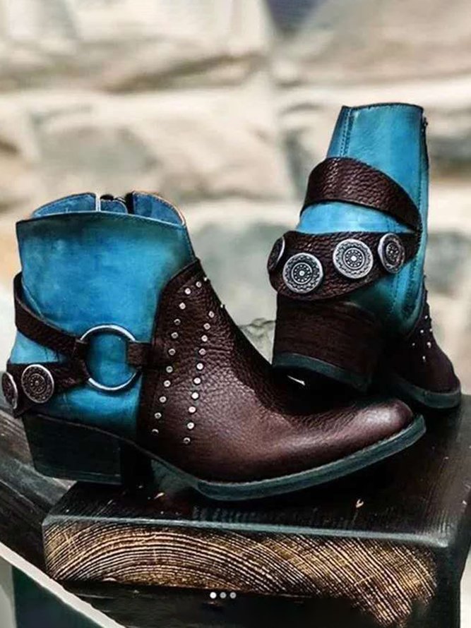 Antique Metal Embellished Soft Leather Ankle Cowboy Boots zolucky