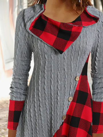 Patchwork Plaid Casual Asymmetrical Tunic Top