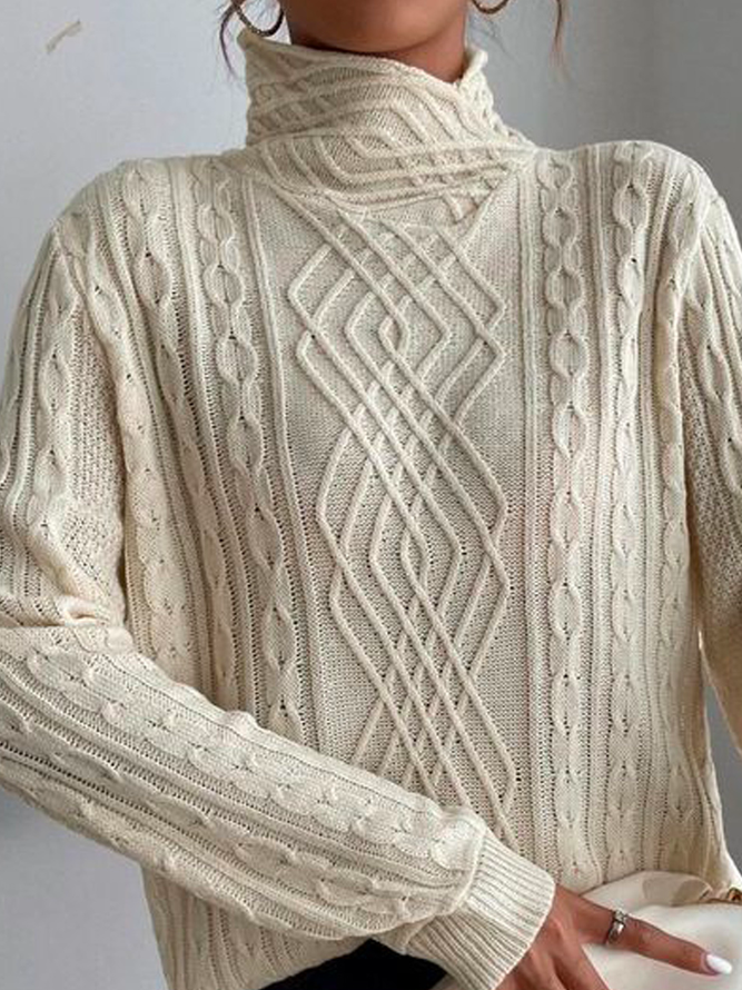 Casual Yarn/Wool Yarn Plain Turtleneck Tunic Sweater