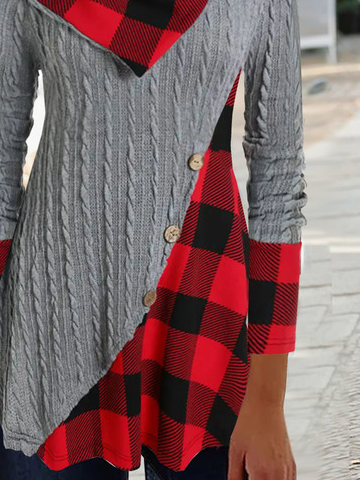 Patchwork Plaid Casual Asymmetrical Tunic Top