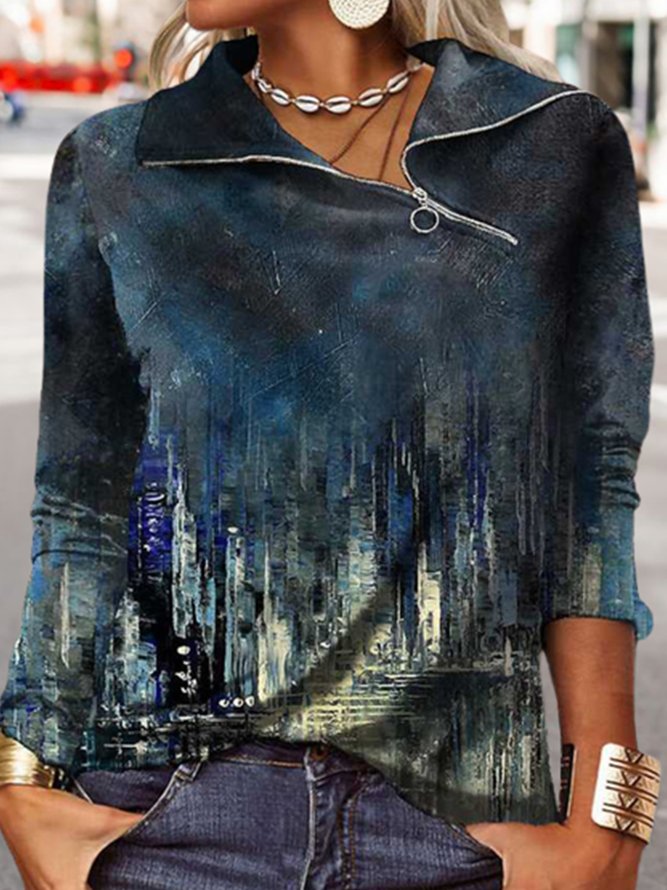 Casual Abstract Jersey Zipper Sweatshirt