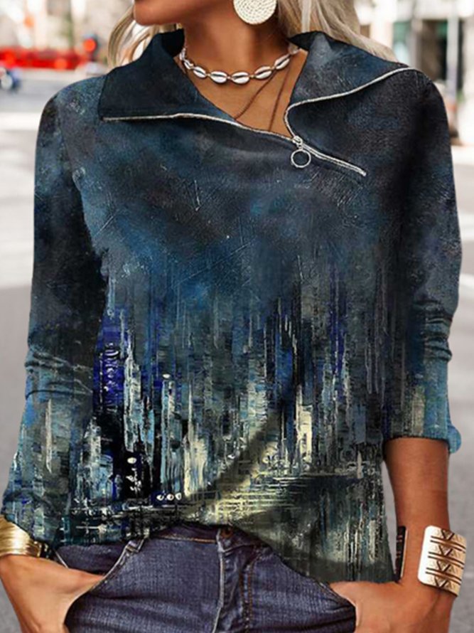 Casual Abstract Jersey Zipper Sweatshirt