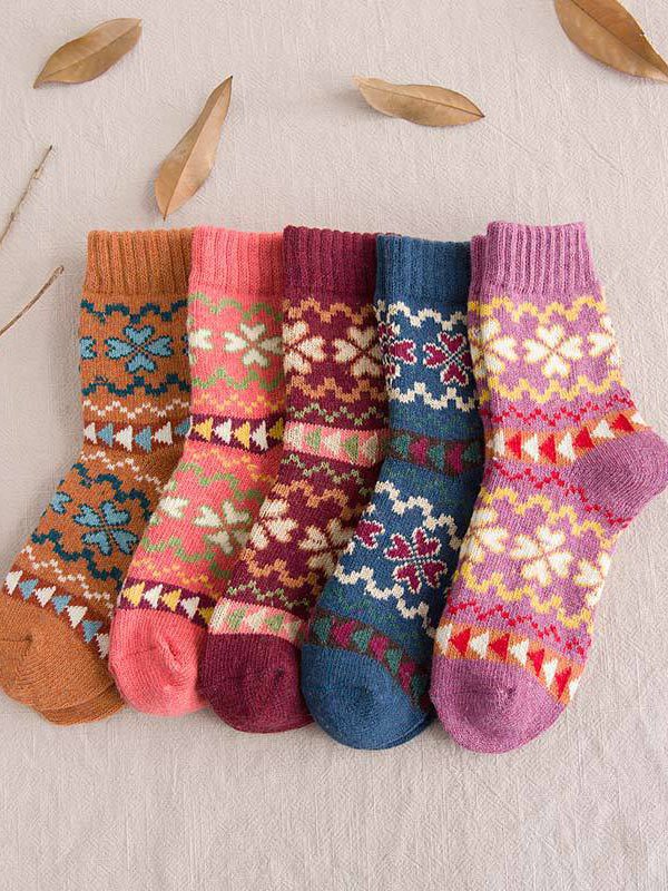 5pcs Ethnic Rabbit Wool Heart Pattern Socks Sets Thickened Warm Accessories