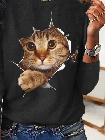 Casual Cat Printed Patchwork Lace Crew Neck T-Shirt