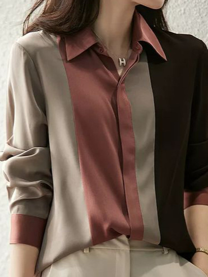Satin Color Block Casual Shirt Collar Blouse