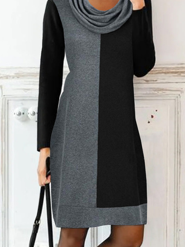 Loose Casual Long sleeve Color Block Dress