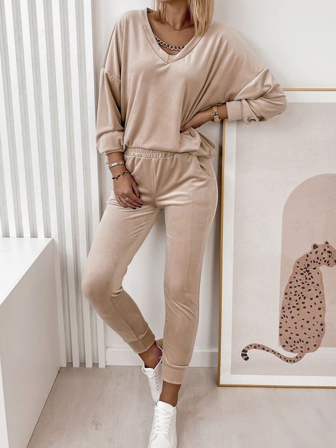 Velvet Loose V Neck Casual Two-Piece Set