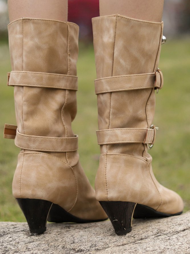 Buckle Mid-Cut Block Heel Boots