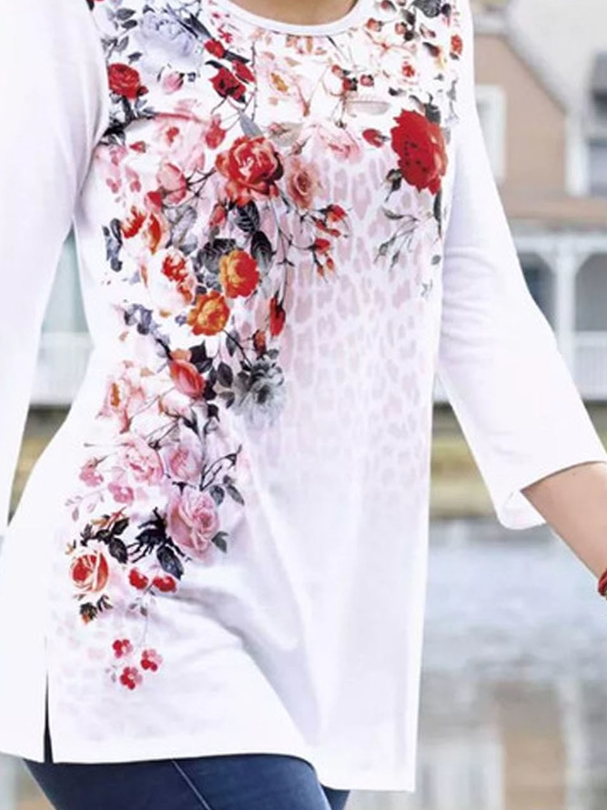 Casual Floral Seven-quarter Sleeves Crew Neck T-Shirt