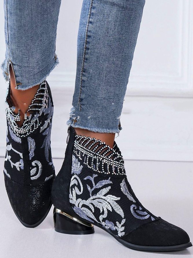 Retro Ethnic Embroidered Rhinestone Chunky Heel Zipper Boots