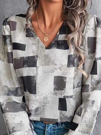 V Neck Loose Geometric Casual Top
