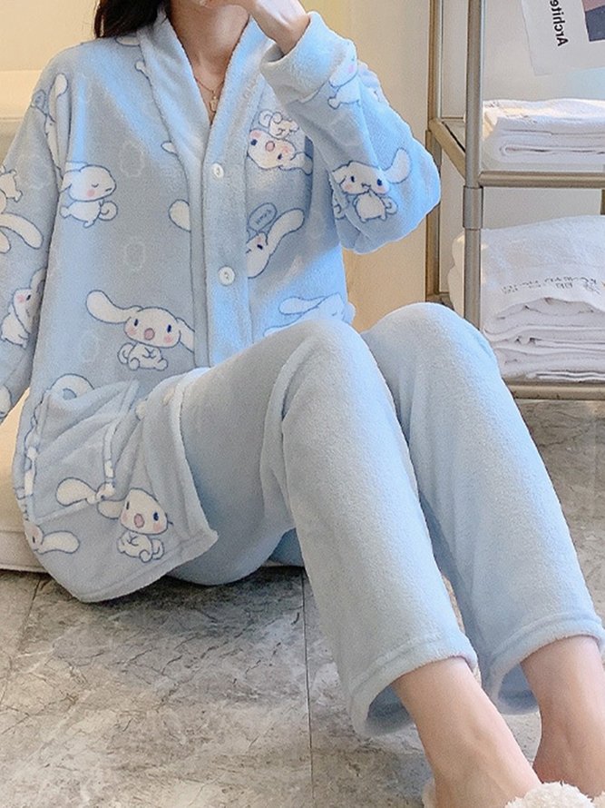 Flannel Cartoon Duck Big Pocket Pajamas Long Sleeve Pants Loungewear Set