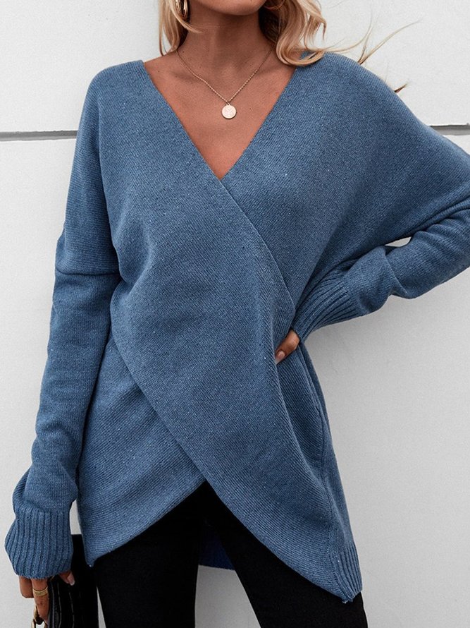 Plain Long Sleeve Cross Neck Irregular Craftsmanship Casual Tunic Sweater