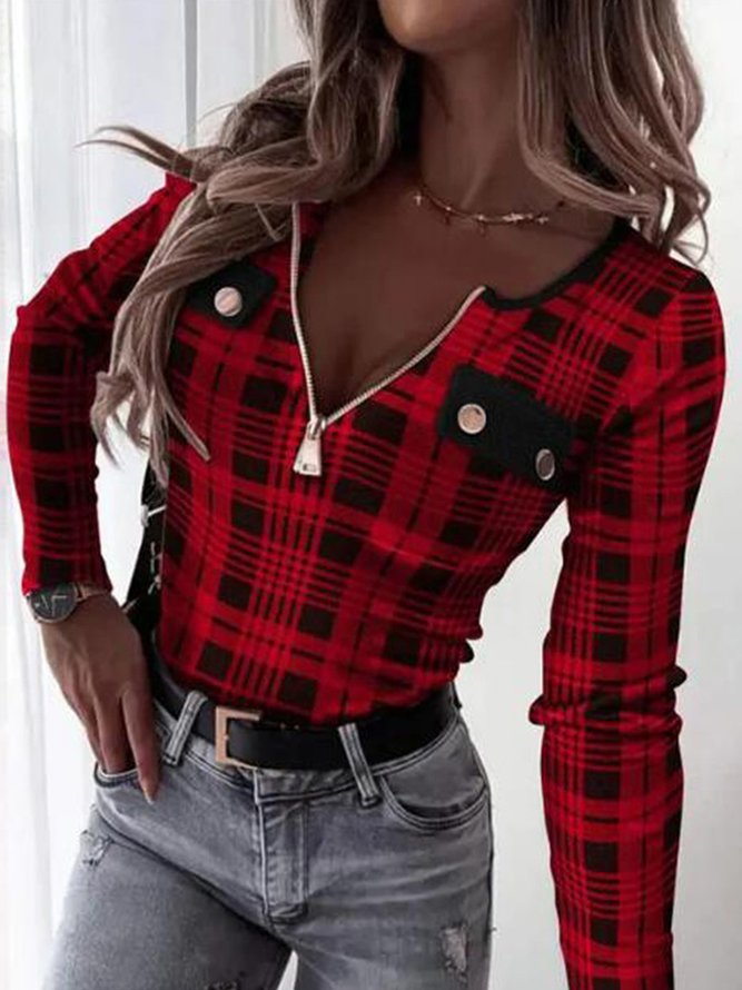 Party Buttoned Jersey Plaid T-Shirt