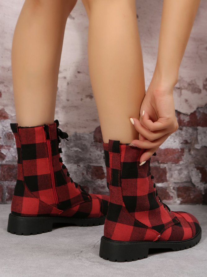 Christmas Red-black Plaid Plus Size Lace-Up Decor Size Zip Canvas Boots Xmas Boots