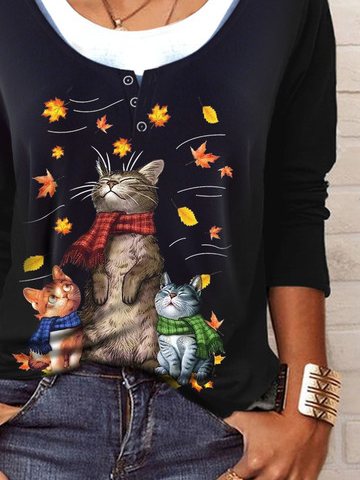 Casual Cat Printed Color Block Loose Crew Neck T-Shirt